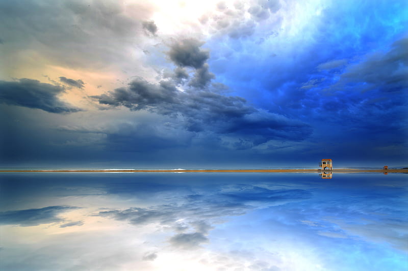 shore, water, clouds, reflection, landscape, HD wallpaper