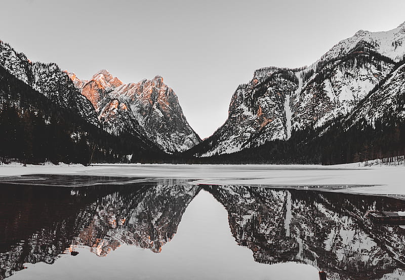 mountains, lake, snow, reflection, landscape, HD wallpaper