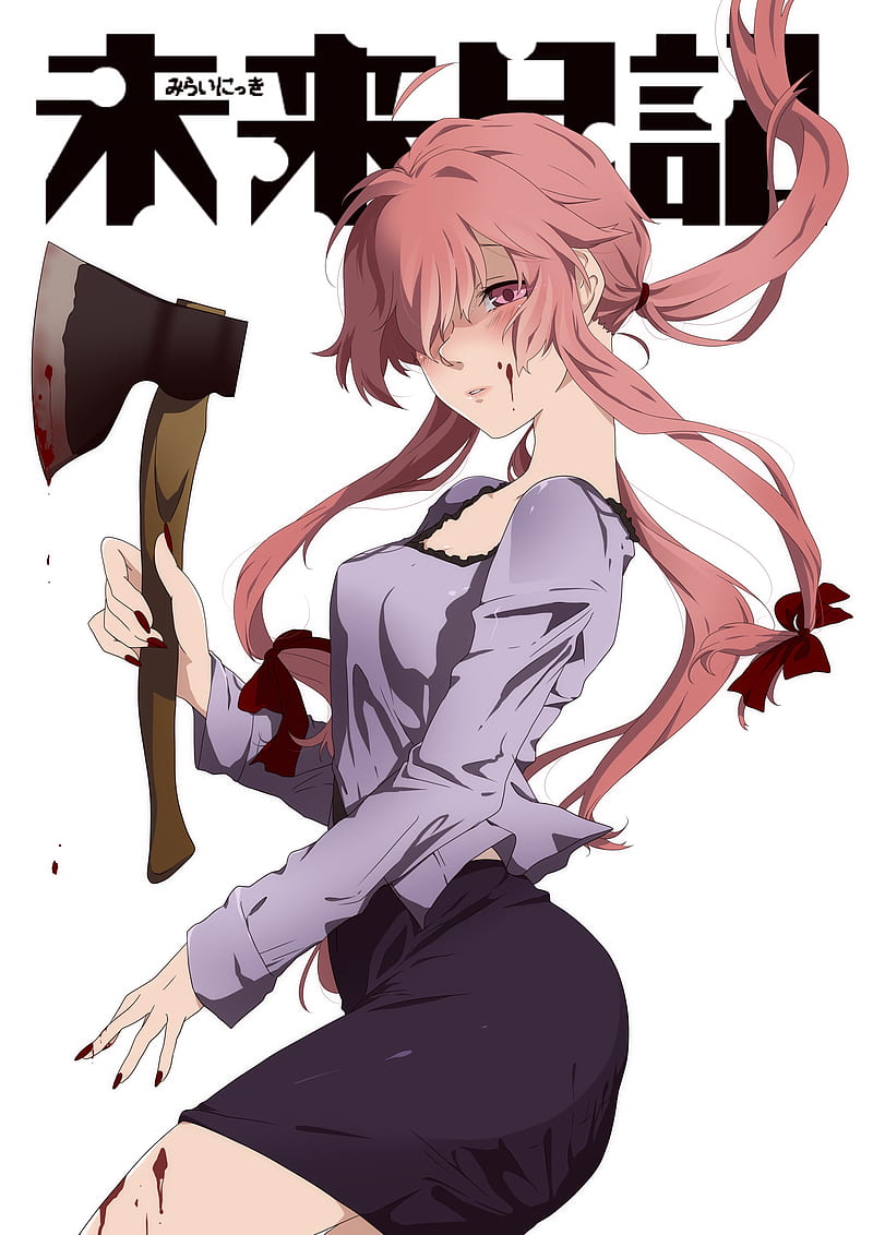 Mirai Nikki, anime girls, cleavage, long sleeves, blood stains, axes, black skirts, thighs, glutes, thick ass, sideboob, 2D, looking at viewer, hair over one eye, pink eyes, twintails, parted lips, blushing, Gasai Yuno, yandere, red nails, pink lipstick, pink hair, long hair, simple background, curvy, vertical, fan art, miniskirt, side view, bangs, ahoge, red ribbon, HD phone wallpaper