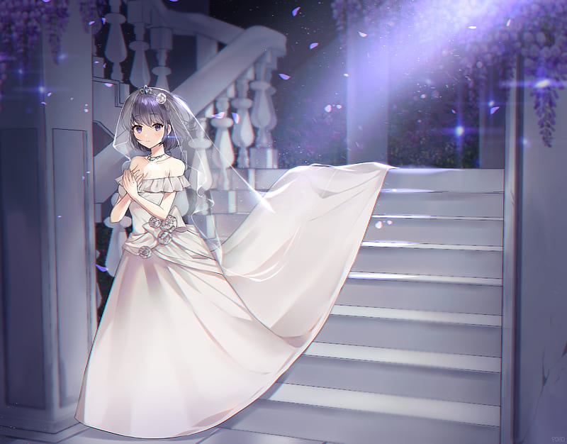 Anime, Original, Bride, Girl, Purple Eyes, Purple Hair, Short Hair, Wedding  Dress, HD wallpaper | Peakpx