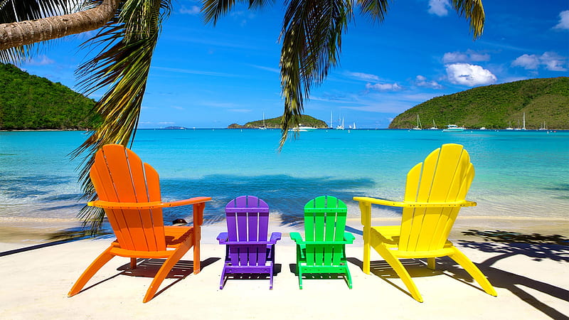 Andirondack chairs, view, relax, Adirondack, bonito, Carribbean, sky, sea, palms, beach, summer, chairs, island, tropics, family, rest, exotic, USA, vacation, paradise, HD wallpaper