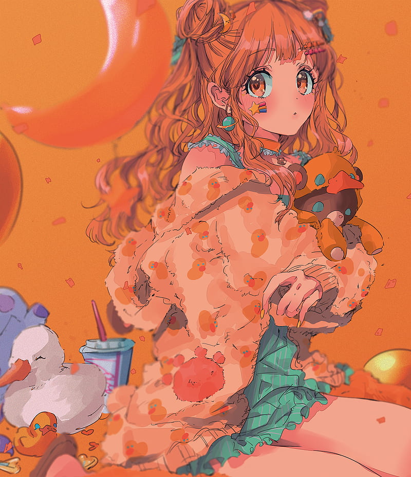 anime, anime girls, simple background, duck, orange eyes, Moroboshi Kirari, HD phone wallpaper