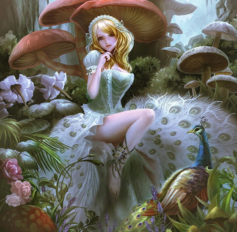 White Peacock Girl, girl, peacock, mushrooms, bonito, white, HD wallpaper