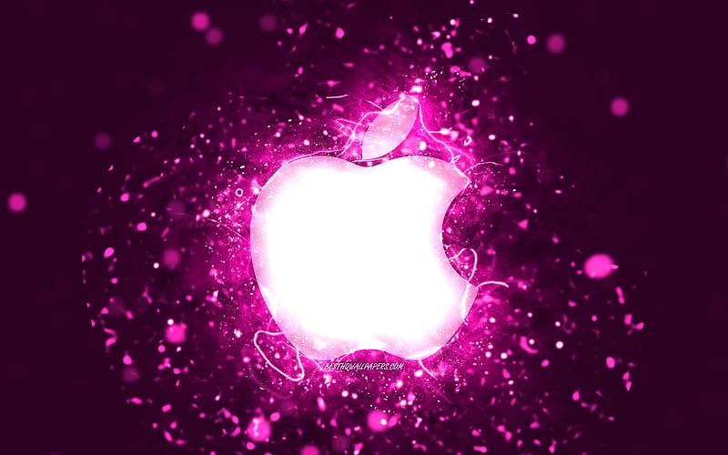 Apple purple logo, purple neon lights, creative, purple abstract background, Apple logo, brands, Apple, HD wallpaper