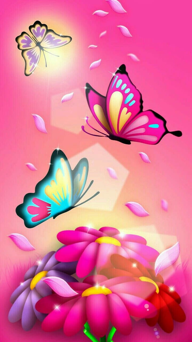 butterflies miracle, butterflys, cute, flowers, girly, pink, sparkle, HD phone wallpaper