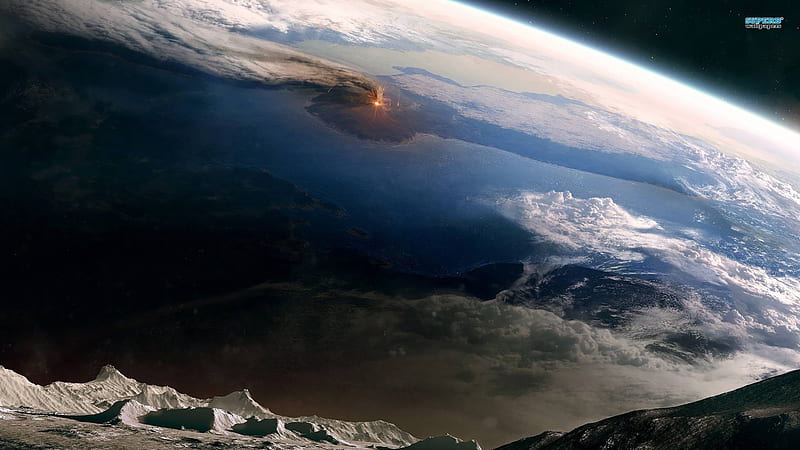 volcano eruption on earth from the moon, moon, earth, volacno, eruptiom, HD wallpaper