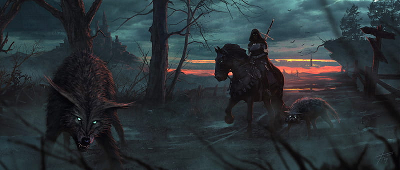 Fantasy, Warrior, Horse, Wolf, HD wallpaper
