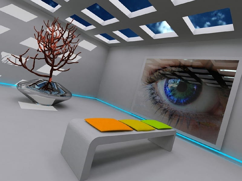 ROOM 3D, bench, glass roof, plant, eye, HD wallpaper | Peakpx