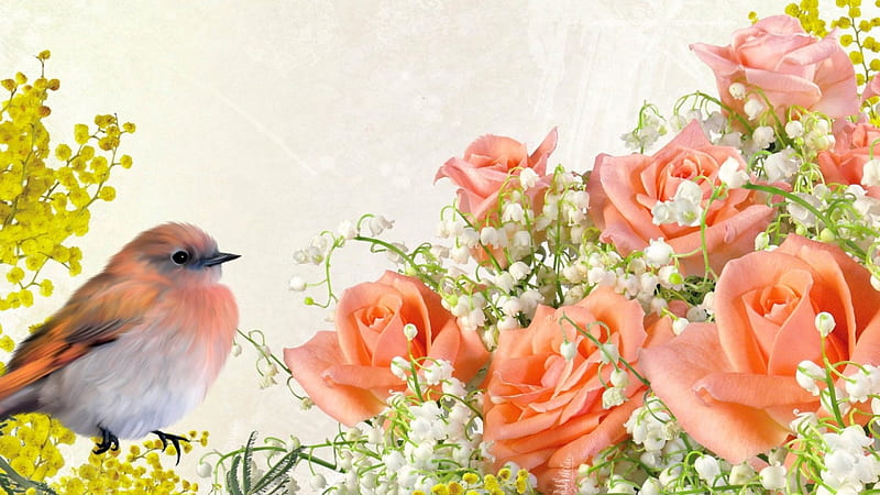 Bird of Spring Roses, lily of the valley, peach roses, soft, spring, delicate, bird, summer, pink, Firefox Persona theme, mimosa, HD wallpaper