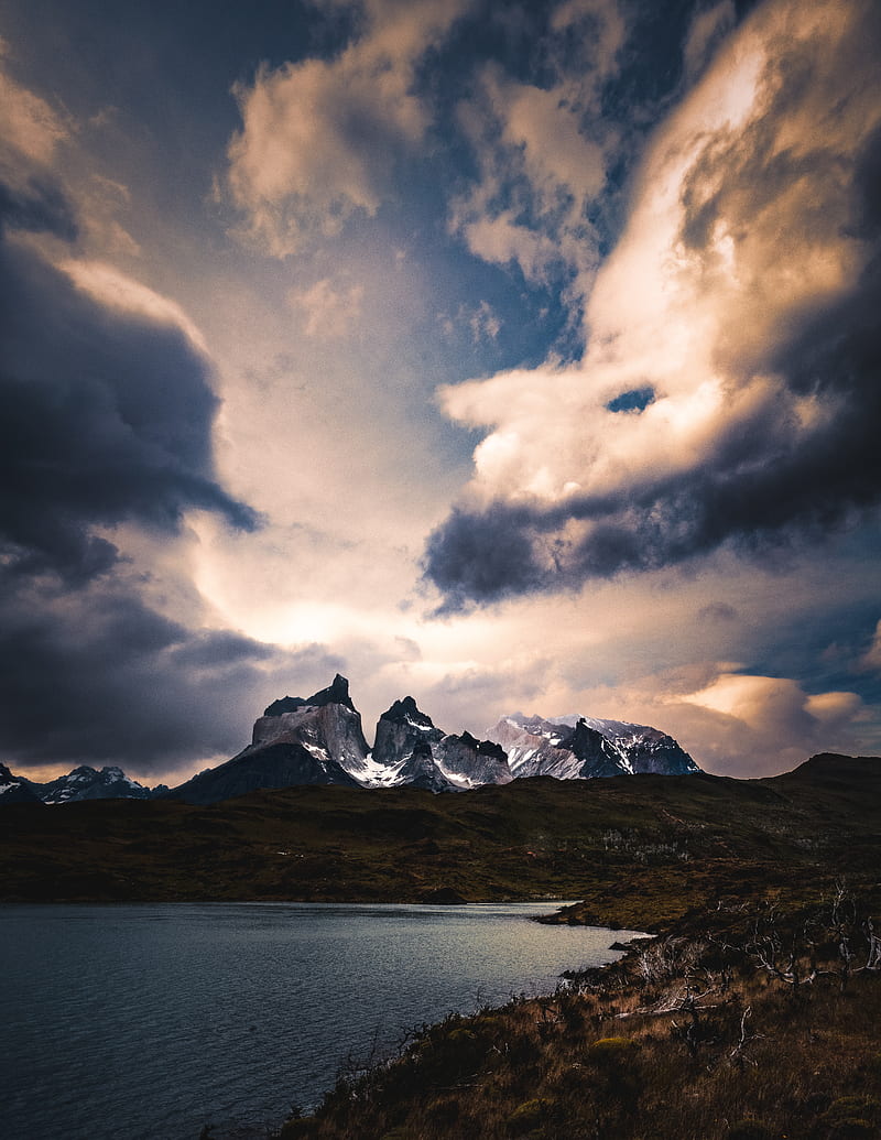 mountains, lake, grass, clouds, overcast, twilight, HD phone wallpaper