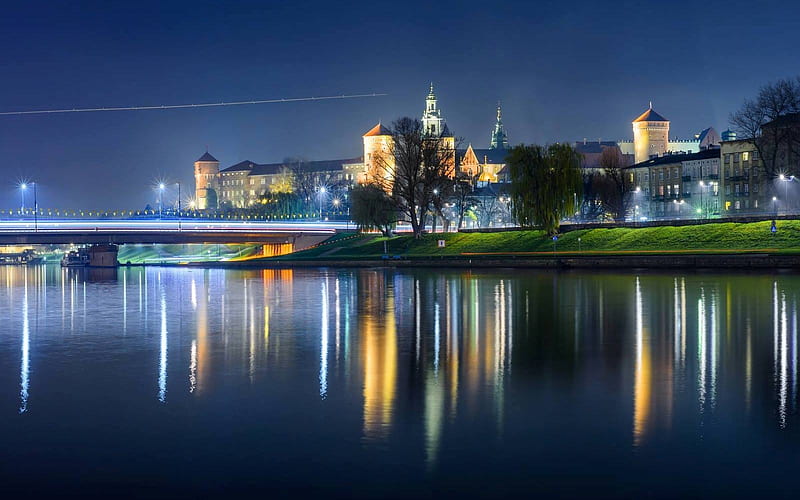 Wawel Castle by Night, Wawel, Poland, Krakow, river, reflection, night, Vistula, HD wallpaper