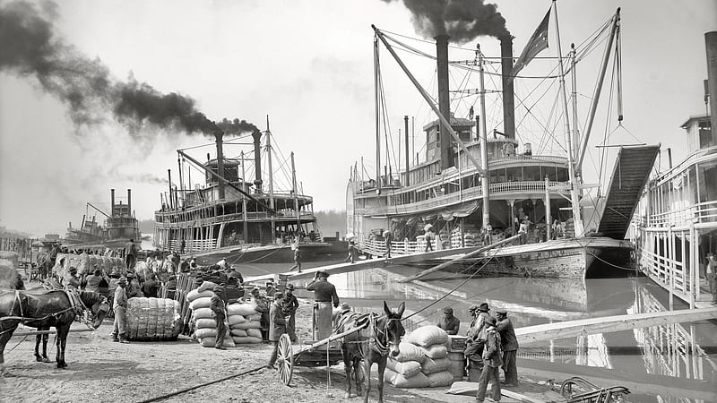 vintage port on the mississippi, boats, port, black and white, pedal, river, vintage, HD wallpaper