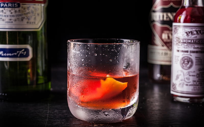 Boulevardier Cocktail, bokeh, glass with drink, cocktails, Boulevardier, Glass with Boulevardier, HD wallpaper
