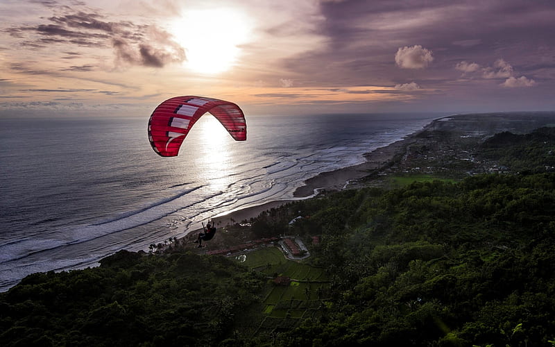 Paragliding in Indonesia, sunshine, sky, sea, paraglider, HD wallpaper
