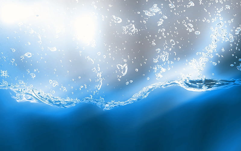 underwater, bubbles, waves, blue water background, water textures, HD wallpaper