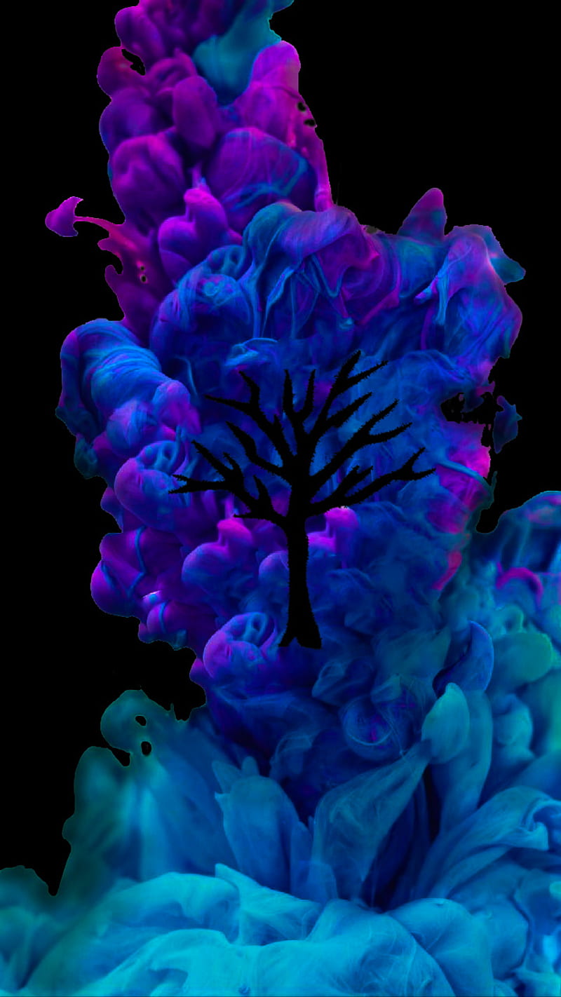 Tree and Dust, colorful, purple, pink, blue, black, mystery, fantasy, smoke, HD phone wallpaper