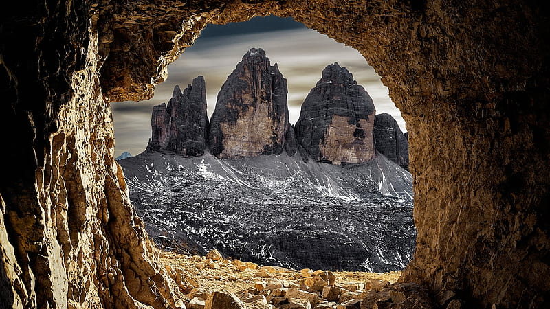 Tre Cime di Lavaredo, Dolomites, view from the Grotto, cave, rocks, peaks, landscape, south tyrol, italy, HD wallpaper