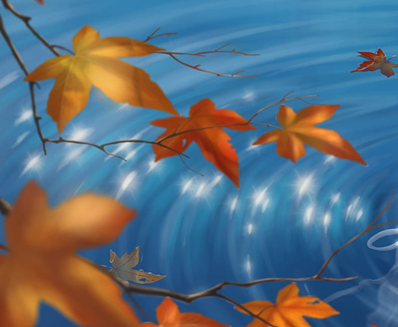 Autumn, fantasy, water, luminos, crystalrain272, orange, crystalrain, leaf, blue, HD wallpaper