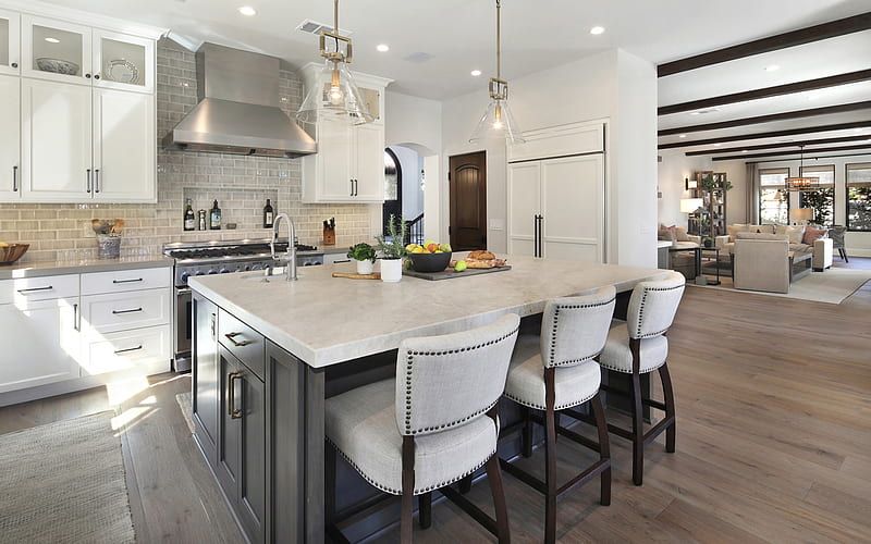 modern kitchen design, stylish interior, kitchen, classic style kitchen, white kitchen furniture, HD wallpaper