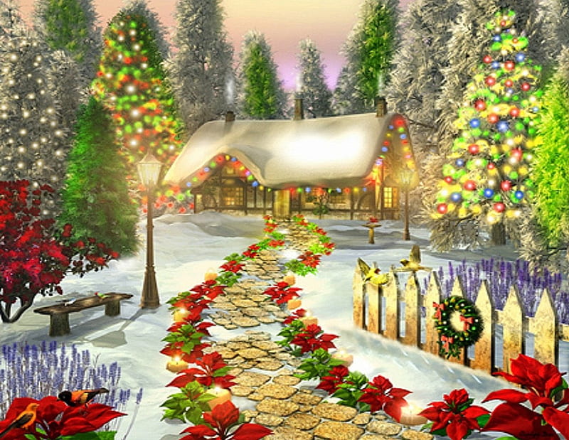 ★Christmas Cottage★, pretty, Christmas, holidays, home, bonito, snowy, xmas and new year, lights, paintings, flowers, lovely, houses, colors, love four seasons, christmas trees, winter, snow, garden, HD wallpaper