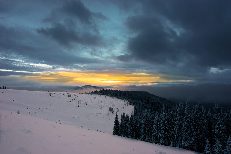 winter, mountains, forest, snow, sunset, sky, clouds, snowy, HD wallpaper