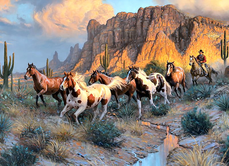 Western Canyon - Horses F1, art, equine, bonito, horse, canyon, artwork, horses, animal, painting, wide screen, landscape, HD wallpaper