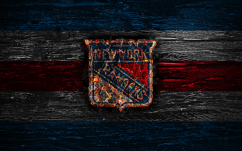 New York Rangers, fire logo, NHL, blue and red lines, american hockey team, grunge, hockey, logo, New York Rangers emblem, Eastern Conference, wooden texture, USA, NY Rangers, HD wallpaper