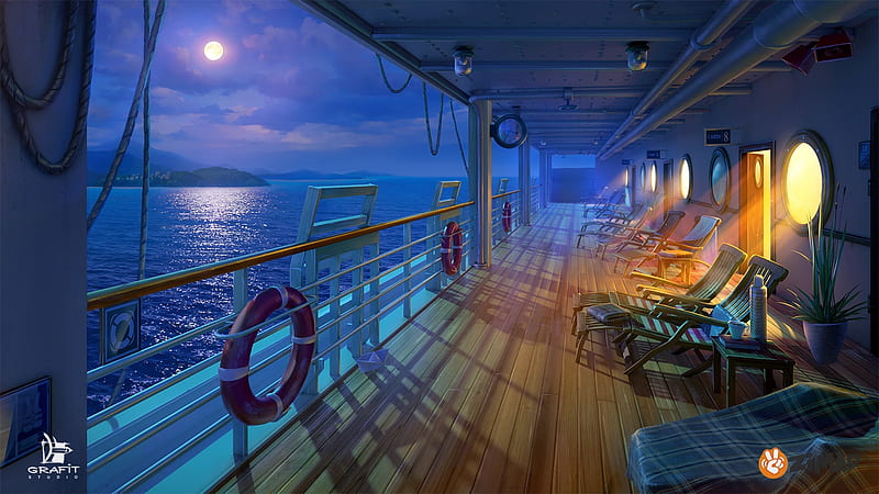Night deck, deck, sea, night, luminos, orange, game, grafit studio, fantasy, moon, water, ship, stuff, blue, HD wallpaper