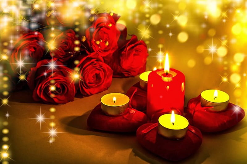 Christmas candles, pretty, bonito, magic, lights, nice, flame, merry, flowers, lovely, holiday, christmas, new year, gift, roses, mood, happy, candles, bouquet, HD wallpaper