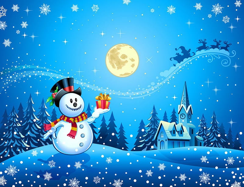 Santa Passing Moon Christmas Snowman Church Reindeers Sledge Hd Wallpaper Peakpx