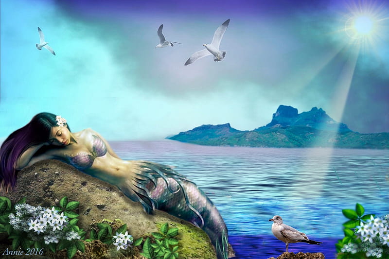 Sleeping Mermaid, Pretty, rock, Mermaid, ocean, sea gulls, sea, water, digital, sun rays, island, HD wallpaper