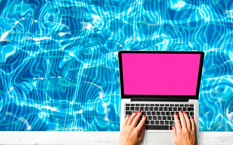 :-), vara, water, summer, hand, laptop, pool, pink, card, view from the top, HD wallpaper