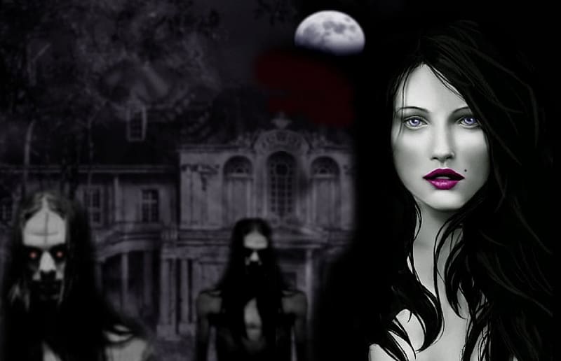 Fantasy, Gothic, Moon, Dark, Creepy, Women, Black Hair, Zombie, HD wallpaper