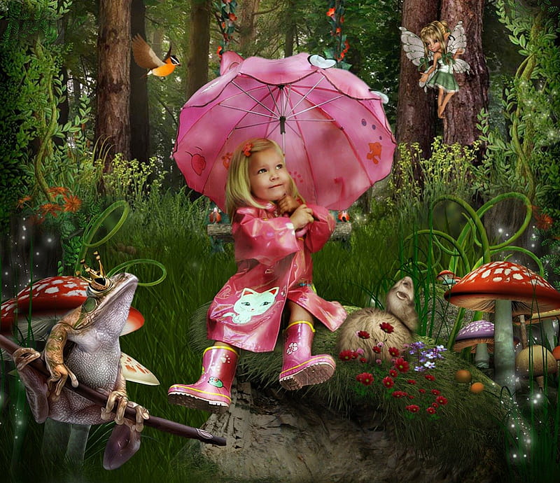 fairy-tale forest, cute, forest, green, fairy tale, pink, HD wallpaper