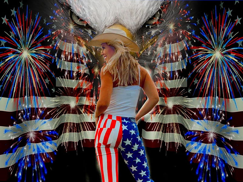 Sassy Pants Land Of The , stars, girl, flags, stripes, shit, bright, red, pants, sassy pants, hat, colorful, blue, cowgirl, black, eagle, vibrant, vivid, bold, fireworks, white, HD wallpaper