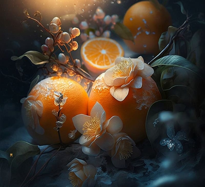 Oranges and tangerines, flower, minaya, fantasy, art, fruit, marion marino, orange, HD wallpaper