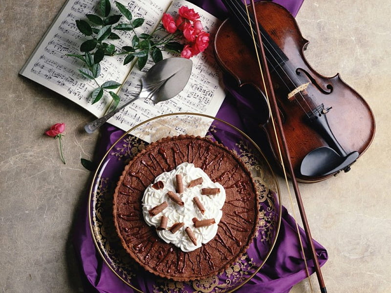 Chocolate cake, cake, violin, food, chocolate, music, desserts, cream, HD wallpaper