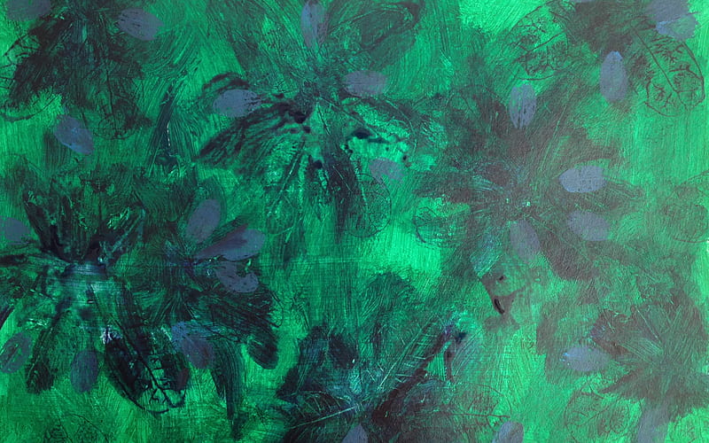 grunge green texture, green paint texture, grunge background, green paint background, grunge green flowers texture, grunge flowers, HD wallpaper