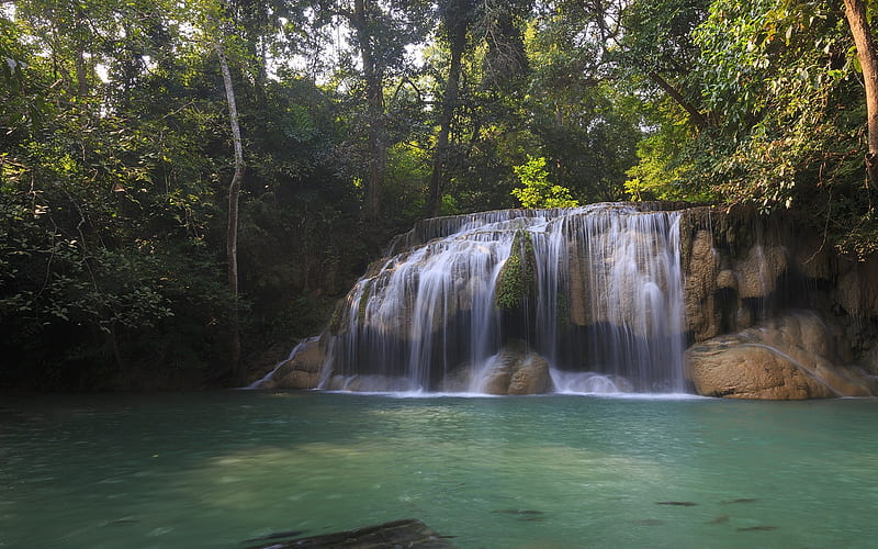 waterfall, rainforest, lake, beautiful forest landscape, Thailand, HD wallpaper