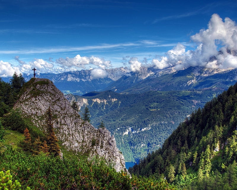 Alps Mountains, cloud, cross, landscape, mountain, sky, HD wallpaper