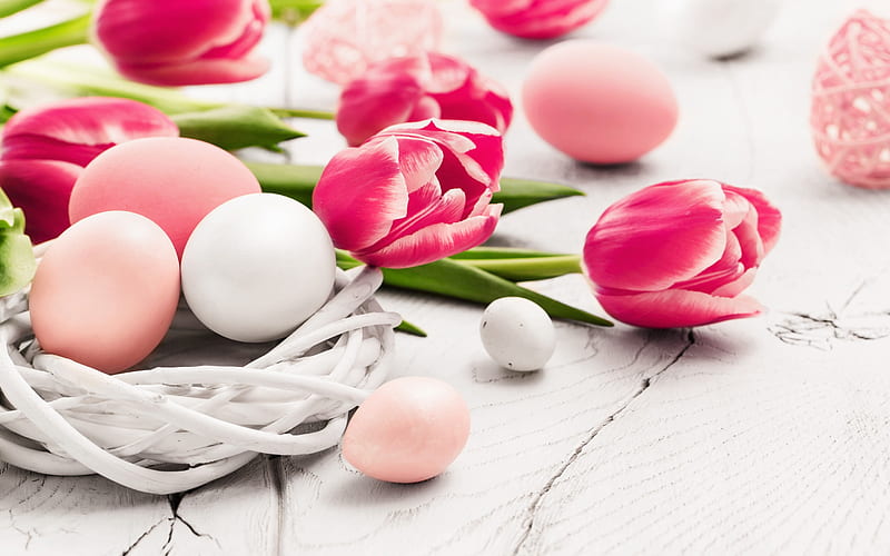 spring, Easter, pink tulips, eggs, easter decoration, spring flowers, HD wallpaper