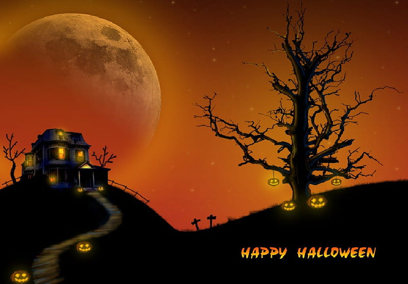 Happy Halloween, tree, moon, house, pumpkins, HD wallpaper