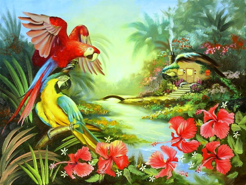 Parrot Paradise, TWO, FLOWERS, CREEK, PARROTS, COTTAGE, PAINITNG, BIRDS, HD wallpaper