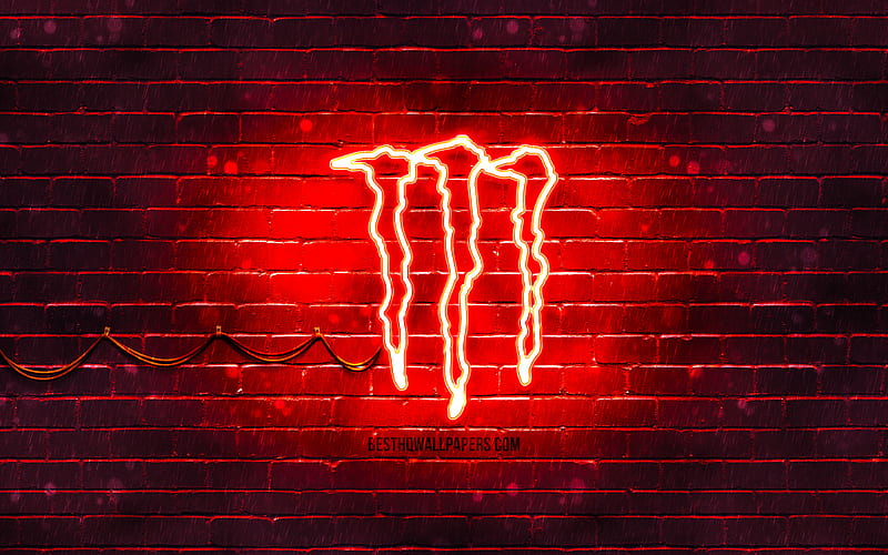 Monster Energy red logo red brickwall, Monster Energy logo, drinks brands, Monster Energy neon logo, Monster Energy, HD wallpaper