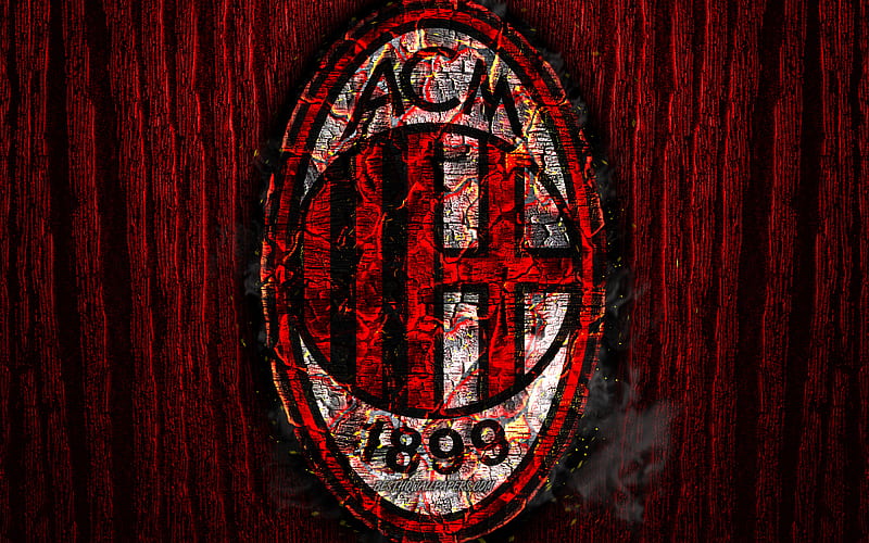 Milan FC, scorched logo, Serie A, red wooden background, italian football club, AC Milan, grunge, football, soccer, Milan logo, fire texture, Italy, HD wallpaper