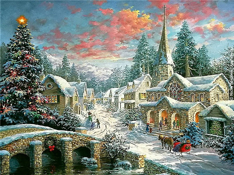 Old country Christmas, sleigh, Christmas, tree, bridge, country, church, HD wallpaper
