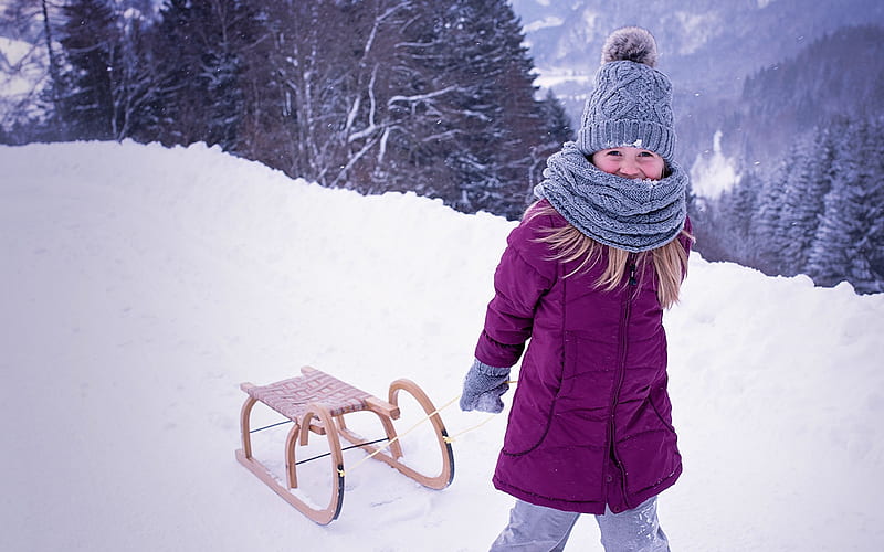 Little Girl Pulling Snow Sled, Trees, Sled, Girl, Mittens, Snow, Hat, Little, HD wallpaper