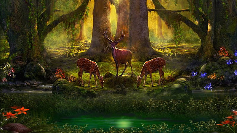 Fairy Tale Forest, pond, forest, fantasy, woods, flowers, fairytale, Firefox Persona theme, deer, HD wallpaper