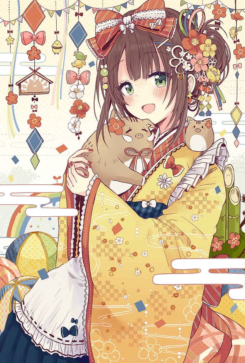 traditional clothing, anime girls, musical instrument, dress, Garuku,  original characters, anime Phone HD Wallpaper