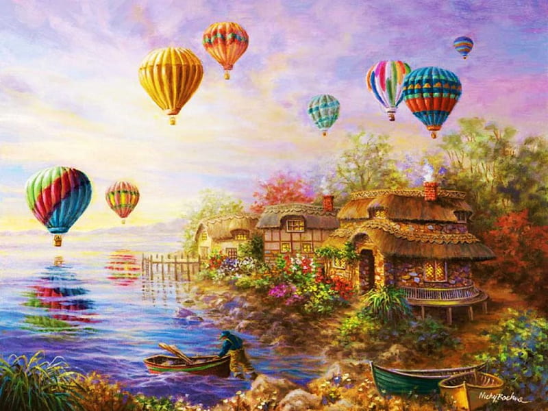 Colorful Balloons, cottage, painting, colors, trees, lake, HD wallpaper Colorful Balloons, cottage, painting, colors, trees, lake, HD wallpaper